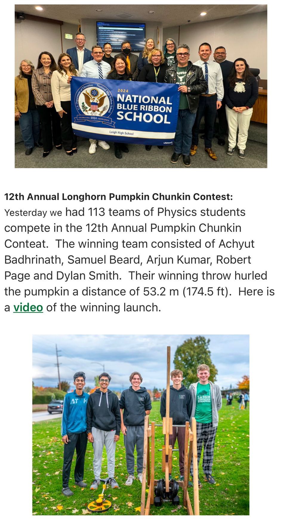 Article recognizing the trebuchet team and competition result